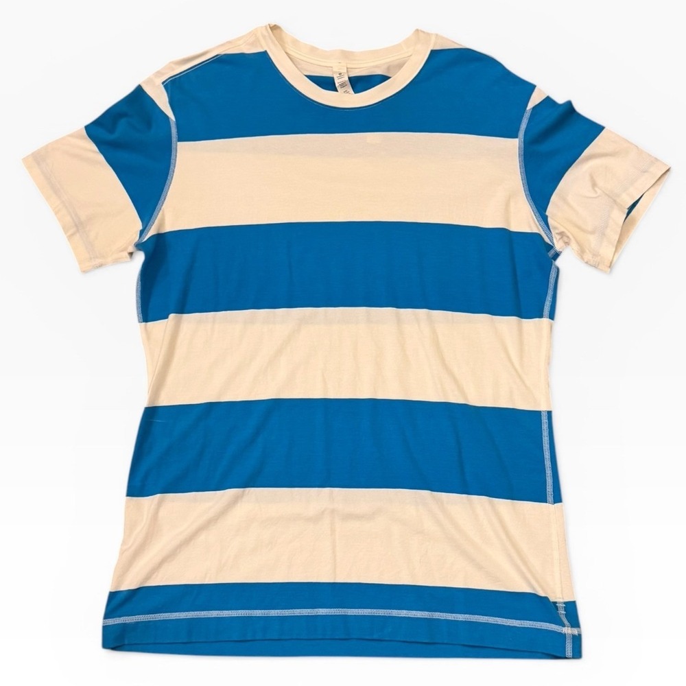 Lululemon Mens Pima Cotton Striped Short Sleeve T-Shirt Blue White Medium Sports